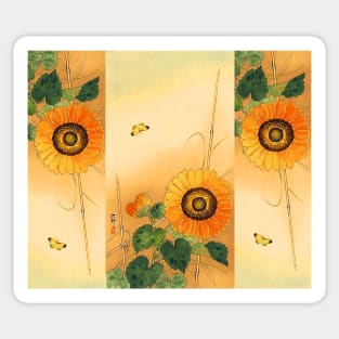 SUNFLOWER AND BUTTERFLY Antique Japanese Paintings Sticker